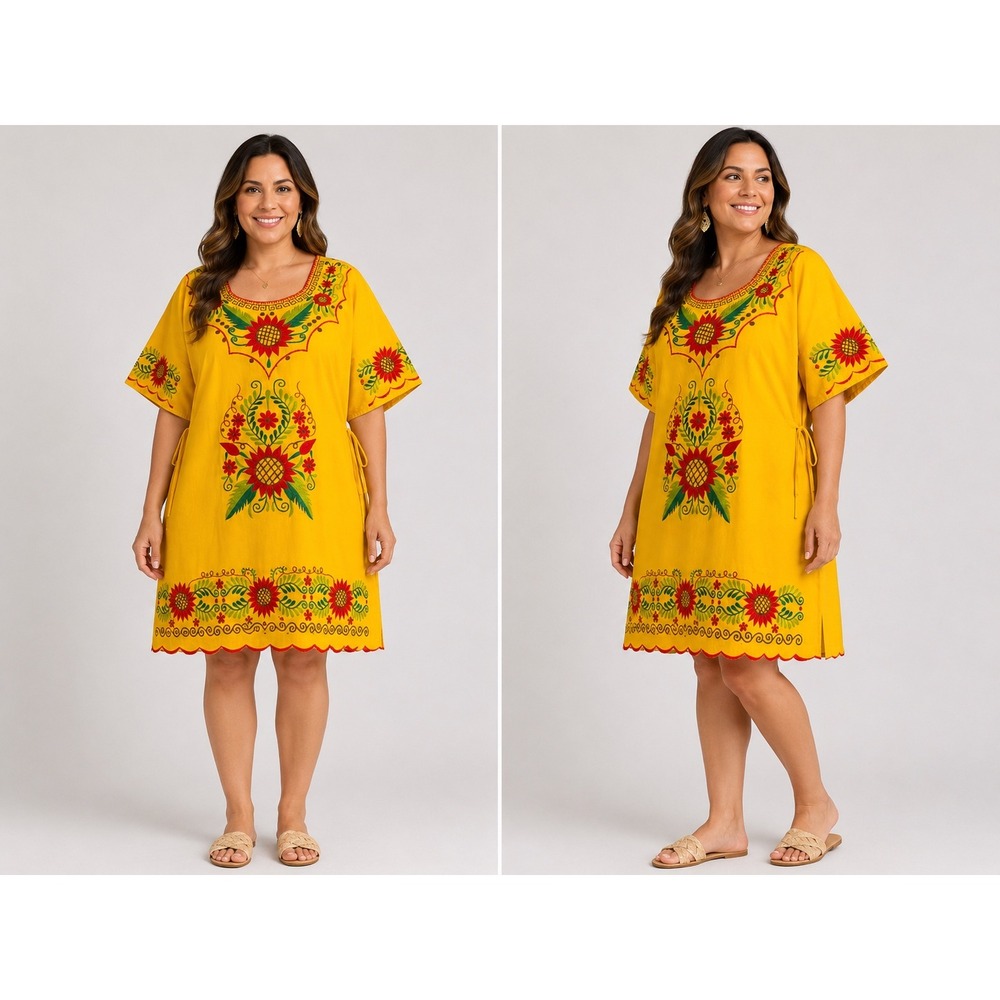 Mexican Huipil Dress Yellow Cotton Floral Embroidered Sunflower Tunic Boho XL